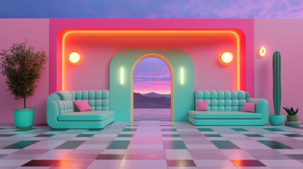 Retro pastel, A vibrant image of a retro motel featuring pastel walls and glowing neon lights, ideal for nostalgic themes.