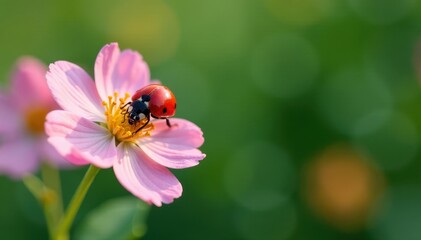 Fototapeta premium Ladybug resting gently on blossoming flower, soft focus, flower, soft focus