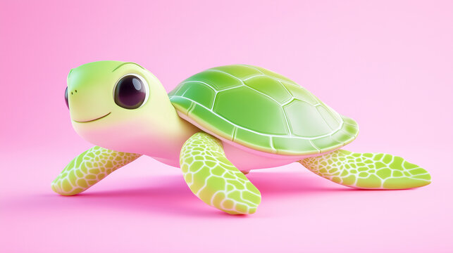 A 3d cartoon turtle on a pink background