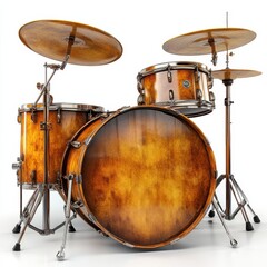 Obraz premium High-quality drum set with wooden finish, featuring multiple drums and cymbals, isolated on a white background.