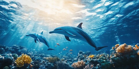 Dolphins swimming gracefully above a vibrant coral reef