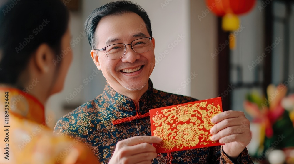 Poster a man smiling as he hands a red envelope with golden patterns to a woman.