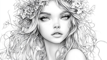 Fantasy woman, fantasy attire, fantasy asthetics, white background, bookline art style.