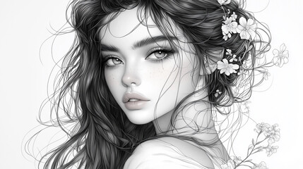 Fototapeta premium Fantasy woman, fantasy attire, fantasy asthetics, white background, bookline art style.