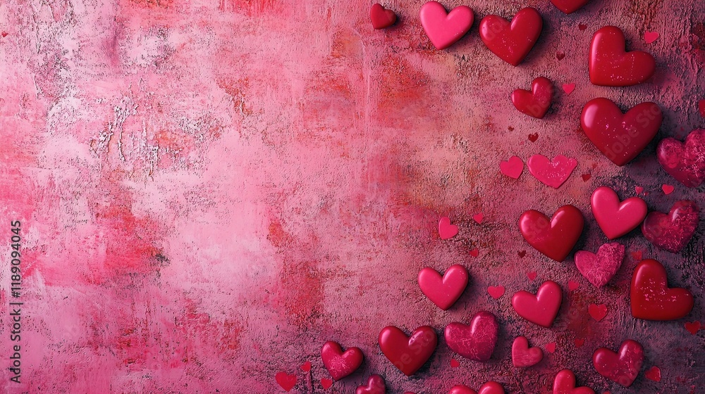 Poster asymmetrical abstract pattern of vibrant hearts on colorful background