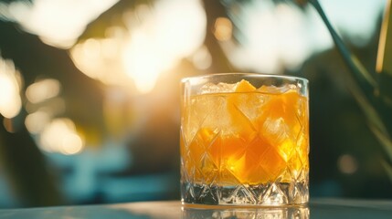 Sunlit cocktail in rocks glass with ice and fruit.