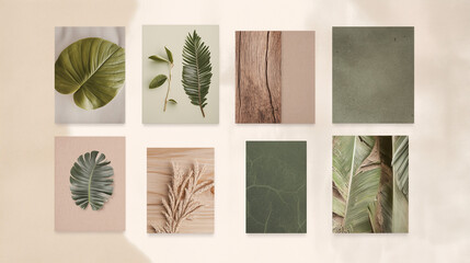 Botanical Textures: A curated collection of eight earthy-toned images featuring lush tropical leaves, natural wood textures, and muted green backgrounds.