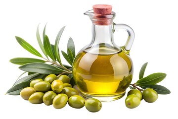 Olive oil and olives with green leaves in a bottle on a white background
