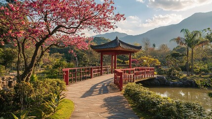 Fototapeta premium Serene Garden Walkway with Cherry Blossoms Under Clear Sky