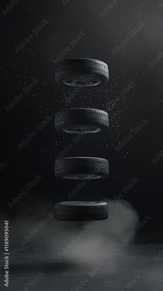 Poster four floating tires in a dark futuristic atmosphere, symbolizing automotive innovation, surreal levi