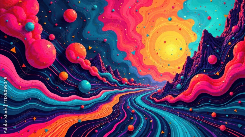 Poster vibrant psychedelic landscape with floating spheres and winding river path