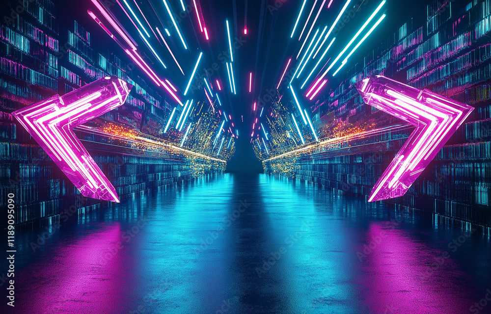 Poster abstract background with neon blue and pink arrows on dark gradient - modern vector design for techn