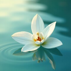 Single white orchid floats on calm water surface, illustration, nature