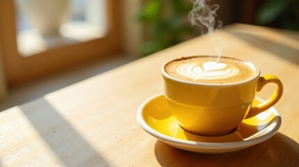 Obraz premium Warm Morning Latte Art in Yellow Cup on Sunny Table