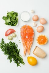 Plate of food with a salmon fillet, an orange, and a bunch of vegetables