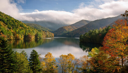 smoky mountains with lake fontana in early fall