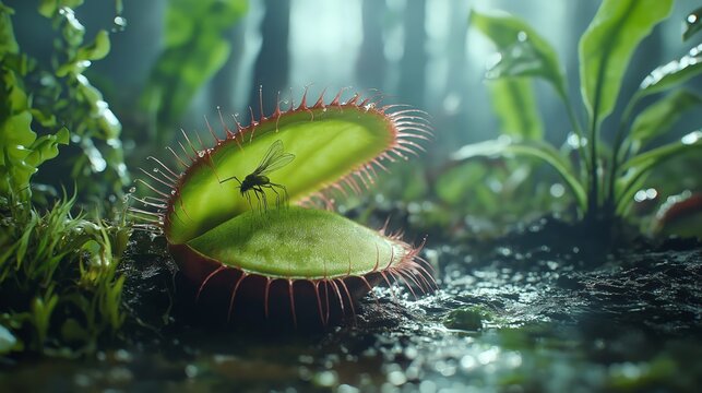Macro close-up of a Venus flytrap capturing a fly, symbolizing nature&rsquo;s predatory instincts, survival, exotic plants, and the fascinating mechanisms of carnivorous flora, Generative AI