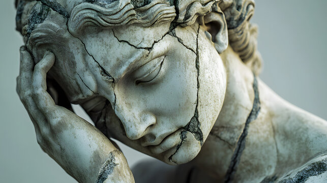 Hera Statue in Anguish with Cracks and Floating Stone Fragments