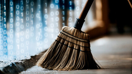 Digital cleanup concept with brooms sweeping away glowing blue binary codes for technology and cyber data security themes AI cleaning automation for protection and encryption datum technology software