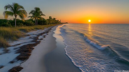 Tropical Beach Sunset Palm Trees Ocean Waves Sand