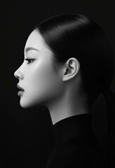 A black and white portrait of an Asian woman with sleek hair, her face in profile against a dark background