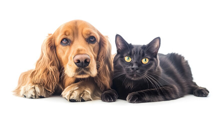 A portrait featuring a Russian Spaniel dog and a Scottish Straight cat against a white background.