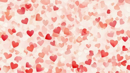 A romantic pattern of heart-shaped paper in gentle shades of red, pink, and white scattered across a pale pink background, ideal for Valentines Day