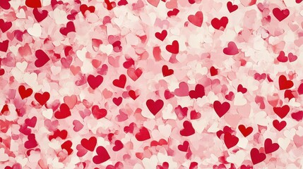 A romantic pattern of heart-shaped paper in gentle shades of red, pink, and white scattered across a pale pink background, ideal for Valentines Day