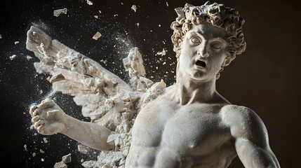 Fototapeta premium Greek Statue of Hermes in Dynamic Motion with Exploding Stone Pieces