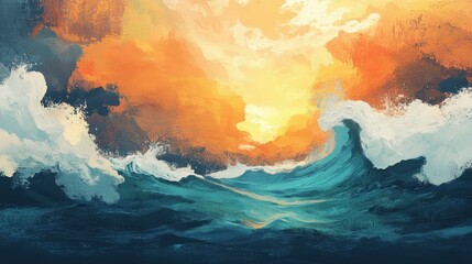 Fototapeta premium Dramatic Ocean Waves Sunset Abstract Painting