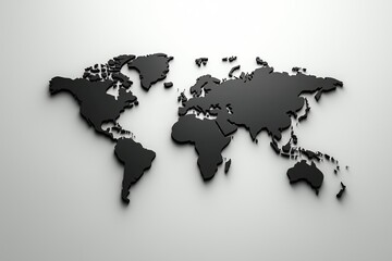 Minimalist black 3D world map with stylish shadows, symbolizing global business, modern design,...