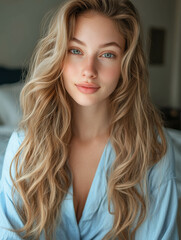 Fototapeta premium Photograph of an attractive woman, looking at the camera and smiling, with long, wavy, blonde hair with highlights, wearing light blue pajamas