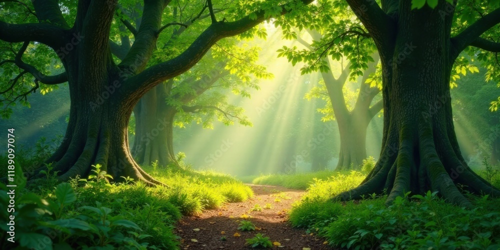 Aufkleber sunbeams illuminate a mystical path through ancient forest trees