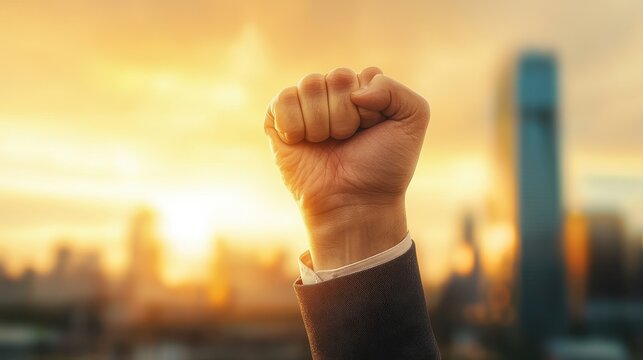 Raised fist in sunlight symbolizing success, empowerment, and determination in a cityscape background