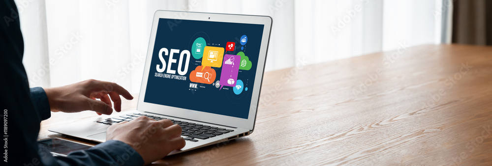 Poster seo search engine optimization for modish e-commerce and online retail business showing on computer 