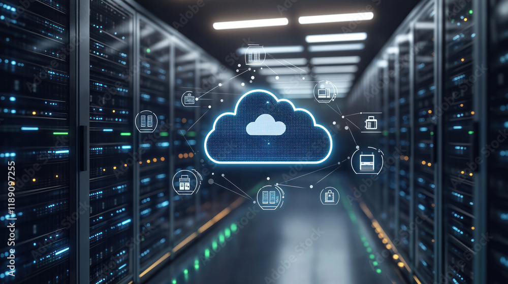 Poster futuristic server room shows data recovery system. advanced tech protects digital information. cloud