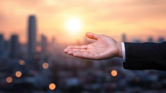Businessman’s open hand reaching out in sunset urban background symbolizing opportunity and collaboration - Powered by Adobe