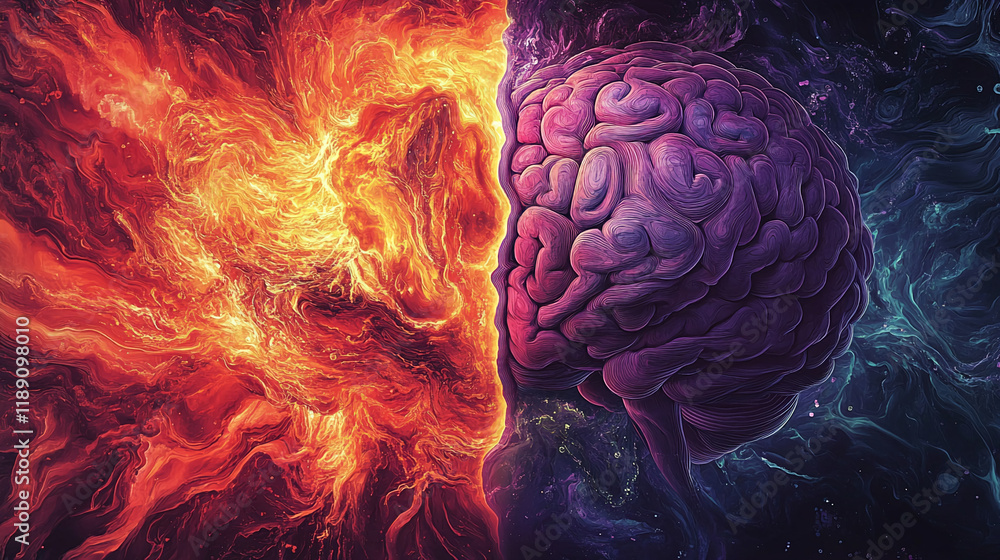 Poster abstract fiery and cool brain with vibrant neural energy and textures