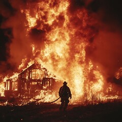 Obraz premium Intense Wildfire and Firefighting Scenes: Cinematic Urban and Forest Blaze Depictions 