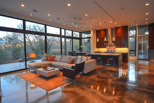modern industrial decor, spacious living space with sleek polished concrete floors and large metal windows, offering a robust yet stylish vibe