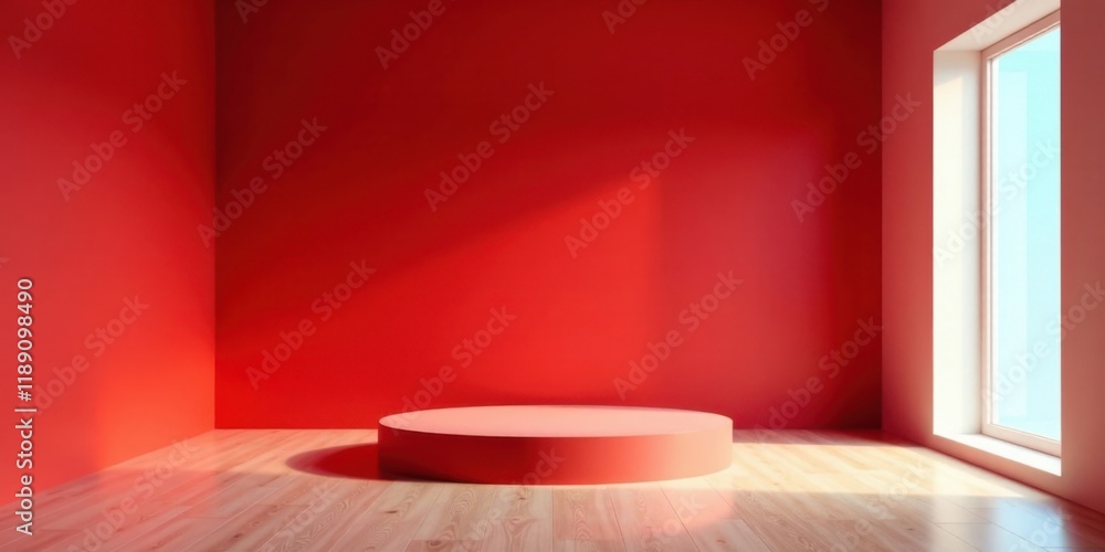 Poster Red Room Interior with Circular Platform for Product Display