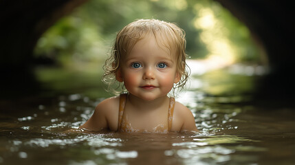 Fototapeta premium A young blonde toddler with blue eyes, wearing swimming attire and playing in the water of an underground stream under a bridge in a forest on a summer day. Full body shot.