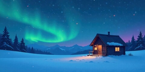 Secluded Cabin Underneath a Vibrant Aurora Borealis in a Snowy Wilderness