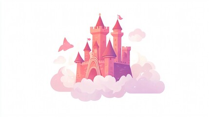 Fototapeta premium Enchanting Unicorn and Princess with Castle in the Clouds Illustration for Fairy Tale Fantasy Concept