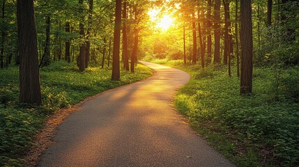 Obraz premium Path to the Golden Hour: A winding paved path leads into a lush forest, bathed in the warm glow of the setting sun, creating a captivating scene of natural beauty and serene tranquility.