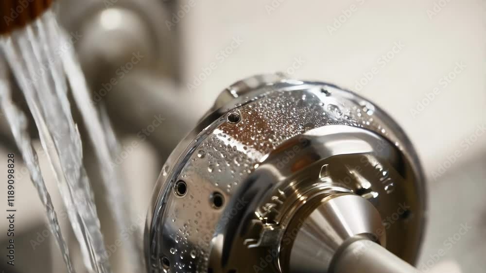 Poster flowing water droplets cascading from sleek chrome shower head, revealing intricate design and funct