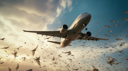 Commercial Passenger Aircraft in Flight Surrounded by Flock of Birds Against Dramatic Sunset Sky