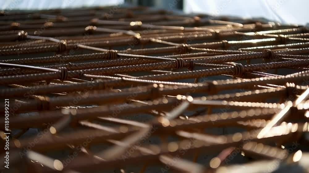 Aufkleber Sunlight reflects off a grid of rebar, meticulously arranged within a concrete mold, creating a mesmerizing interplay of light and shadow on a construction site