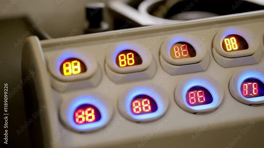 Aufkleber Close up view of a geothermal heat pump control panel with illuminated indicators displaying fluctuating temperature readings, suggesting adjustments and monitoring of a heating or cooling system