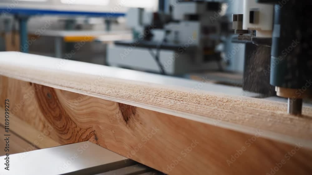 Poster Automated machinery precisely shaping cross laminated timber panel edges with sawdust particles suspended during advanced woodworking process in modern industrial setting